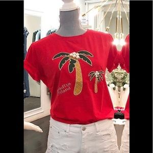 Red Sleeve tee with palms. New No Tag
